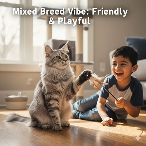 Mèo Maine Coon lai màu silver chơi đùa với bé trai trong phòng khách sáng, minh họa tính cách thân thiện và hiếu động.