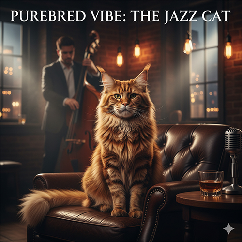 Mèo Maine Coon thuần chủng màu cam ngồi trong quán jazz ấm, phía sau là nhạc công chơi contrabass, minh họa vibe tính cách êm – quấn người.