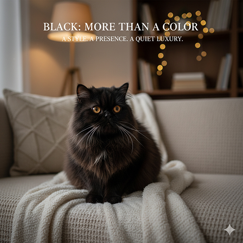 Mèo Ba Tư đen ngồi trên sofa be trong phòng khách ấm áp với ánh đèn bokeh phía sau