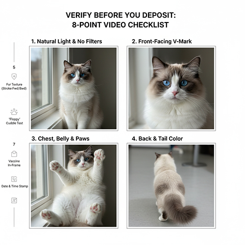 Bốn khung hình mèo Ragdoll bicolor cho checklist video: ánh sáng tự nhiên, mặt chính diện, ngực bụng chân và lưng đuôi