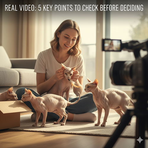 Người nuôi đang xem video và kiểm tra nhóm mèo không lông, minh họa 5 điểm cần soi trước khi quyết định.