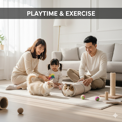 Gia đình chơi với hai mèo Munchkin trong phòng khách: bóng nhỏ, đồ cào móng và ống chui; minh họa thời gian vận động 15–20 phút mỗi ngày.