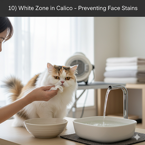 Mèo Ba Tư tam thể đang được lau mép cạnh bát ăn và fontain, minh họa cách giữ vùng trắng sạch