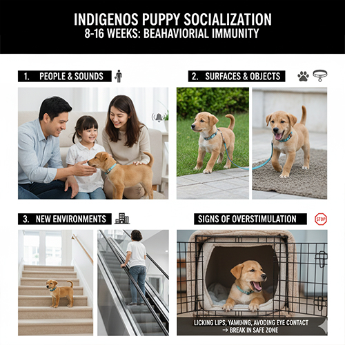 Xã hội hóa cho chó cỏ con 8–16 tuần với con người, âm thanh, bề mặt và môi trường mới