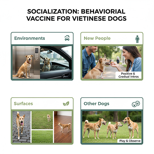 Bốn khung hình minh họa quá trình xã hội hóa chó cỏ: làm quen môi trường, gặp người mới, tiếp xúc bề mặt khác nhau và chơi với chó khác.