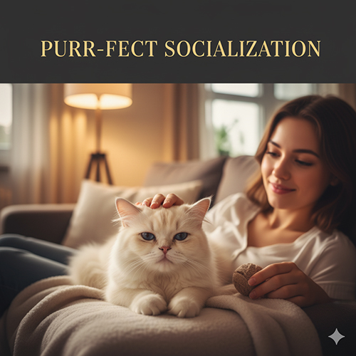 mèo Ba Tư nằm thư giãn bên cạnh người đang vuốt ve trong phòng khách ấm áp