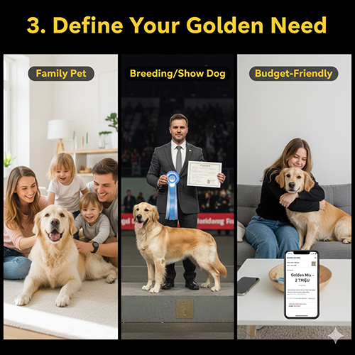 Hình minh họa 3 kiểu nhu cầu khi mua chó Golden Retriever: nuôi thú cưng gia đình, nuôi Golden thuần để phối giống hoặc đi show và chọn Golden lai giá rẻ theo ngân sách