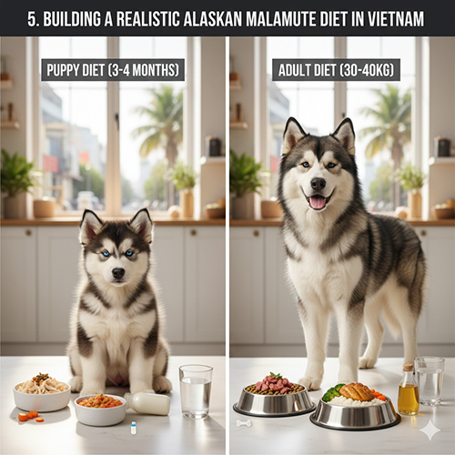 Ví dụ khẩu phần ăn thực tế cho chó Alaska con và Alaska trưởng thành tại Việt Nam