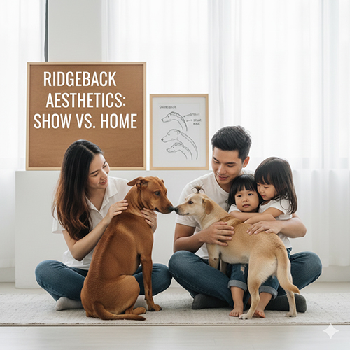 Gia đình trẻ ngồi ôm hai chú chó xoáy trong phòng khách sáng, minh họa sự khác nhau giữa tiêu chí xoáy đẹp trong dogshow và chó xoáy nuôi làm thú cưng 🐾