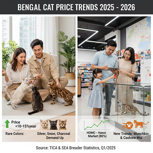 Xu hướng giá mèo Bengal 2025–2026 – giá tăng 10–15% mỗi năm, màu hiếm Silver, Snow, Charcoal được săn đón mạnh
