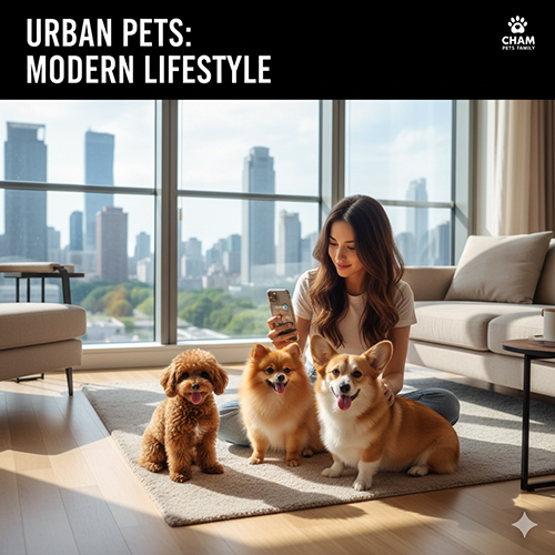 Cô gái trẻ trong căn hộ hiện đại bên ba chú chó cảnh Poodle, Phốc Sóc và Corgi