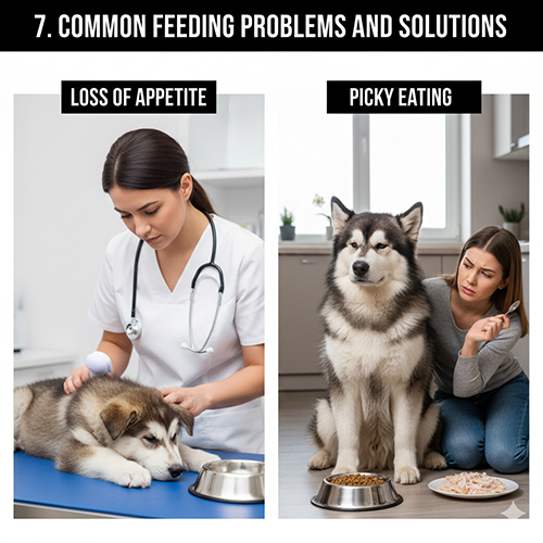 Các vấn đề thường gặp khi cho chó Alaska ăn như bỏ ăn, kén ăn và sụt cân
