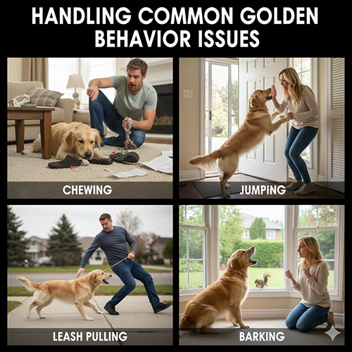 Bộ ảnh bốn khung cho thấy chủ đang xử lý các vấn đề hành vi thường gặp ở chó Golden như cắn phá đồ, nhảy lên người, kéo dây và sủa nhiều bên cửa sổ.