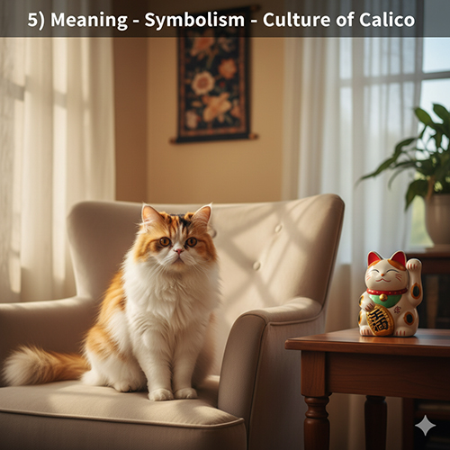 Mèo Ba Tư tam thể ngồi trên ghế trong không gian ấm áp cạnh tượng mèo may mắn Maneki Neko