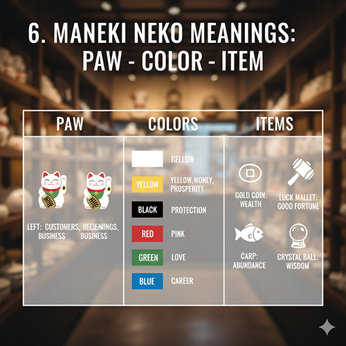 Bảng tóm tắt ý nghĩa Maneki Neko theo tay vẫy màu sắc và vật cầm