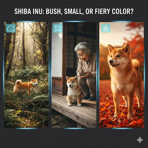 Hình minh họa ba giả thuyết về tên gọi Shiba Inu: bụi rậm, nhỏ bé và màu đỏ lửa