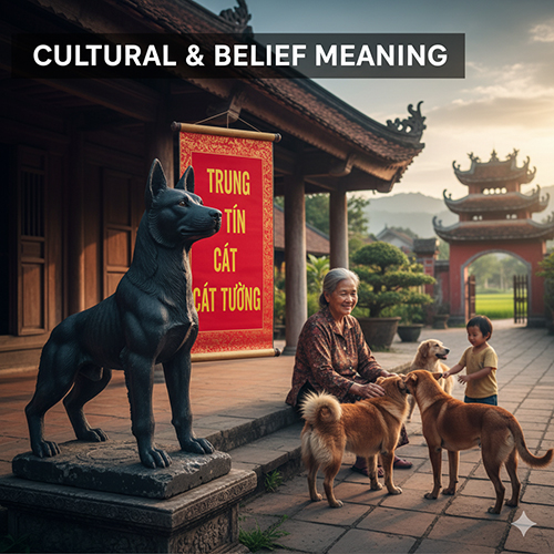 Cảnh bà và cháu chơi cùng ba chú chó trước đình làng Việt cổ, cạnh tượng chó đá khắc chữ “Trung tín cát tường” đỏ nổi bật