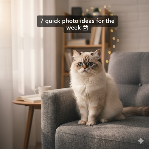 Mèo Ba Tư mắt xanh ngồi trên ghế sofa ghi trong phòng khách ấm áp, phía sau là kệ sách và đèn dây bokeh vàng