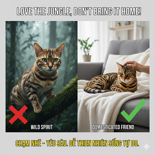 So sánh mèo rừng Bengal trong rừng và mèo Bengal thuần chủng nằm trên ghế sofa, thể hiện thông điệp bảo vệ thiên nhiên