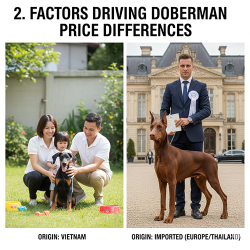 Hình so sánh giá chó Doberman sinh tại Việt Nam với Doberman nhập khẩu từ châu Âu/Thái Lan