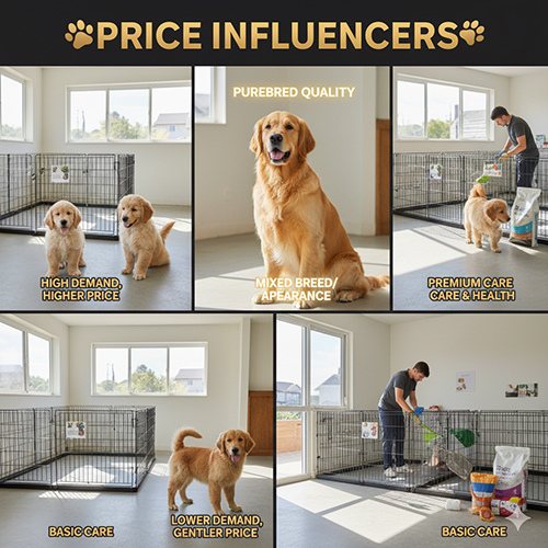 Ảnh minh họa các yếu tố ảnh hưởng giá chó Golden con với đàn Golden trong chuồng, phân khung chất lượng thuần chủng, lai và chế độ chăm sóc cơ bản – cao cấp