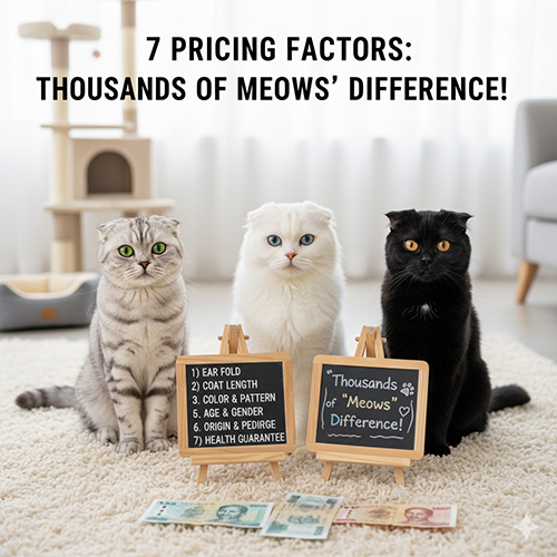 Ba mèo tai cụp Scottish Fold với bảng liệt kê 7 yếu tố ảnh hưởng giá, minh họa cho sự khác biệt giá giữa các cấp độ cụp tai và màu lông.