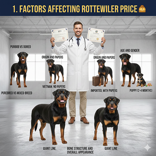 Các yếu tố chính ảnh hưởng đến giá chó Rottweiler: thuần chủng hay lai, nguồn gốc, độ tuổi, giới tính, dòng đại