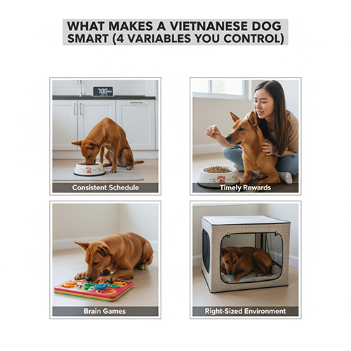 Bốn khung hình minh họa yếu tố giúp chó cỏ khôn: ăn đúng giờ, được thưởng kịp lúc, chơi trò kích thích trí não và sống trong không gian vừa vặn.