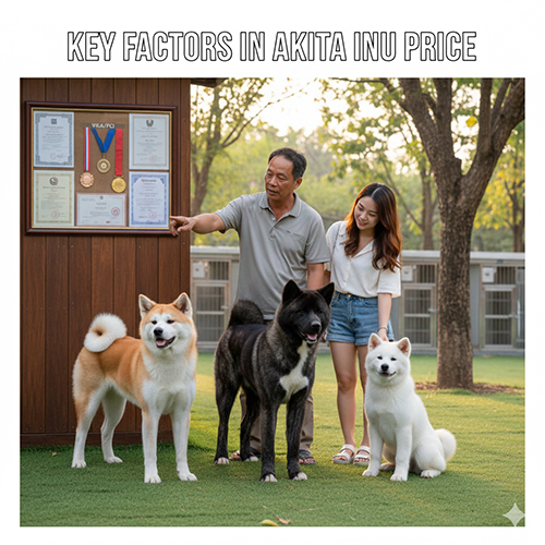 Các yếu tố ảnh hưởng đến giá chó Akita Inu với hình minh họa ba màu Akita và người hướng dẫn tại trại