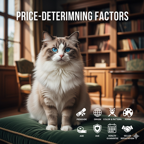 Mèo Ragdoll ngồi trong phòng sách, phía dưới có các icon minh họa các yếu tố quyết định giá như phả hệ, màu lông, form, tuổi và uy tín nơi bán