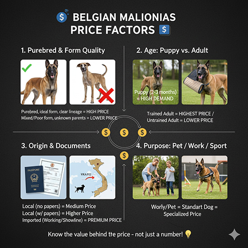 Ảnh minh họa các yếu tố quyết định giá chó Béc Bỉ Malinois: độ thuần chủng, độ tuổi, giấy tờ nguồn gốc và mục đích nuôi