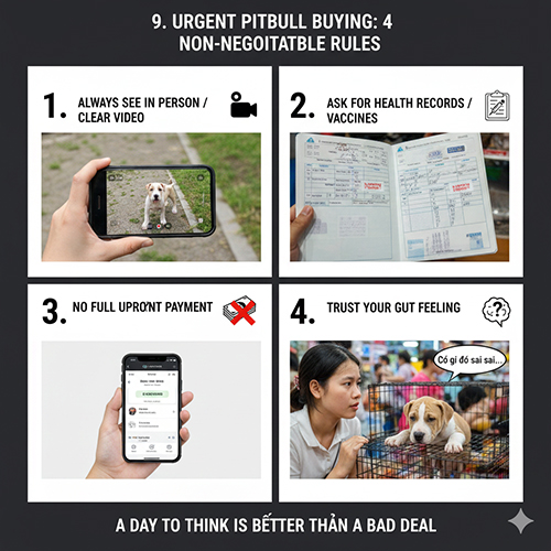 Bốn nguyên tắc an toàn khi mua Pitbull gấp: xem trực tiếp, hỏi sổ tiêm, tránh chuyển hết tiền và tin vào trực giác.