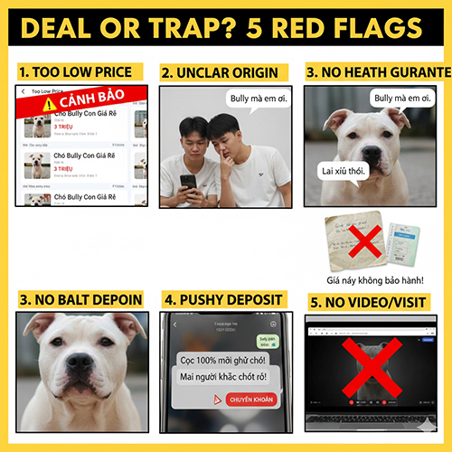 5 dấu hiệu cảnh báo tin rao chó Bully giá rẻ gồm giá quá thấp, nguồn gốc mơ hồ, không bảo hành, ép cọc và né xem chó