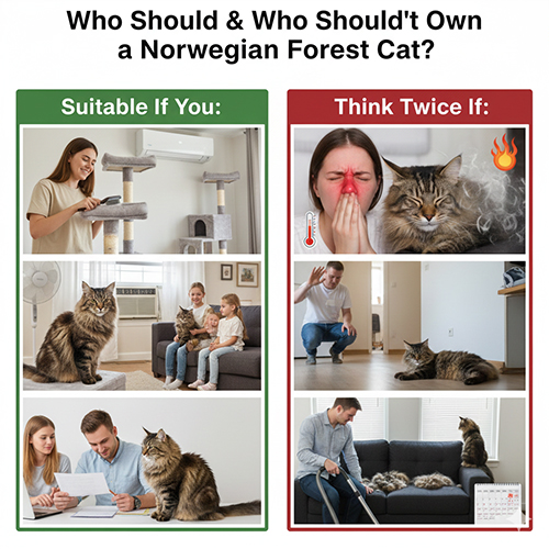 Bảng so sánh các điều kiện phù hợp và không phù hợp khi nuôi mèo rừng Na Uy trong gia đình