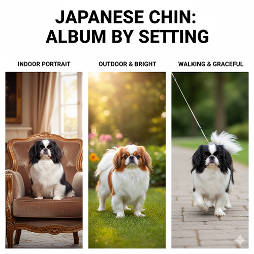 Album hình ảnh chó Nhật Japanese Chin chụp trong nhà, ngoài trời và khi đi dạo với dáng vẻ thanh lịch