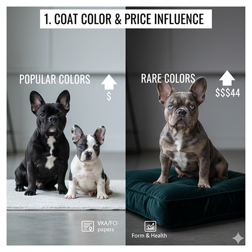 Màu lông Bull Pháp ảnh hưởng đến giá bán: màu phổ biến rẻ hơn, màu hiếm như blue và merle có giá cao hơn