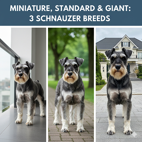 anh ba dong schnauzer miniature standard giant dung canh nhau de so sanh kich thuoc va ngoai hinh