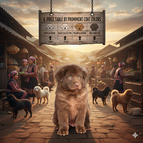 Bảng giá chó Bắc Hà xù theo các màu lông nổi bật như trắng, đen, vàng và đỏ lửa