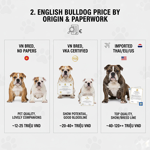 Bảng giá chó Bulldog Anh theo nguồn gốc và giấy tờ