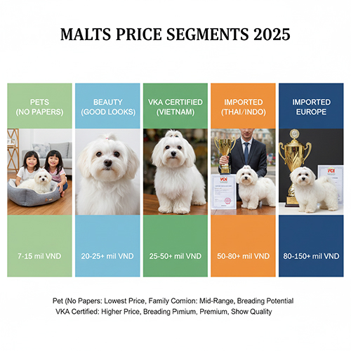 Bảng giá chó Maltese theo phân khúc: pet không giấy, đẹp phom, VKA, nhập Thái/Indo và nhập châu Âu