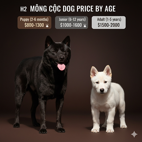 Bảng giá chó Mông Cộc theo độ tuổi gồm puppy, junior và adult, minh họa bằng hình một bé Mông Cộc đen trưởng thành và một bé Mông Cộc trắng còn nhỏ đứng cạnh nhau.