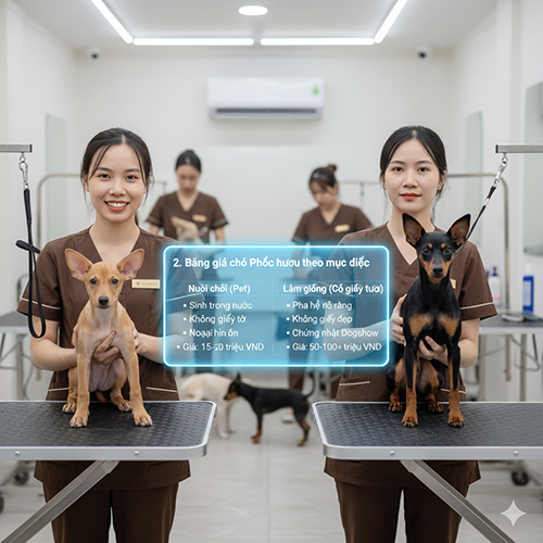 hai nhan vien thu y cam hai chu phoc huou tren ban kham ben canh bang gia phoc huou