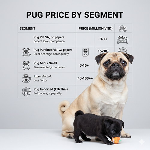 Infographic bảng giá chó Pug mặt xệ theo phân khúc với Pug trưởng thành và Pug con đứng phía trước