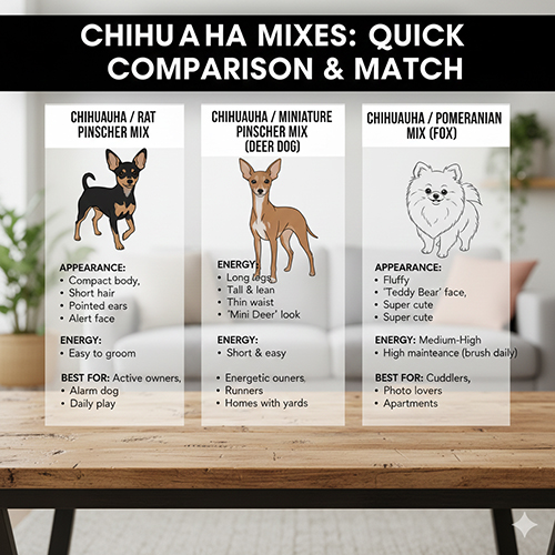 Bảng so sánh ba kiểu Chihuahua lai Phốc: lai Phốc chuột, lai Phốc Hươu và lai Phốc Sóc với sự khác biệt về ngoại hình, năng lượng và độ phù hợp với từng gia đình.