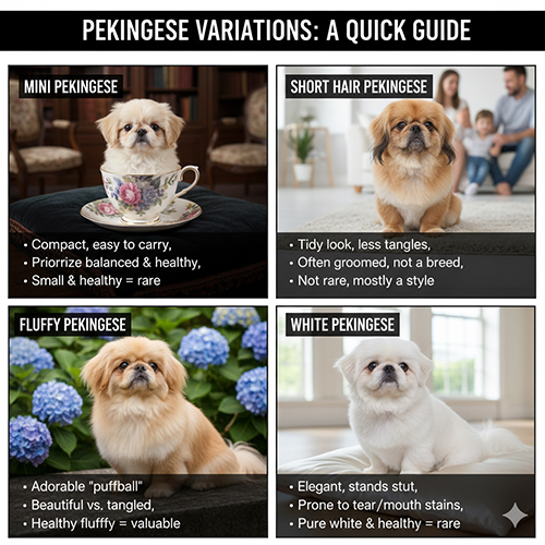 Bảng so sánh nhanh chó Bắc Kinh mini, lông ngắn, lông xù và màu trắng dễ hiểu cho người mới
