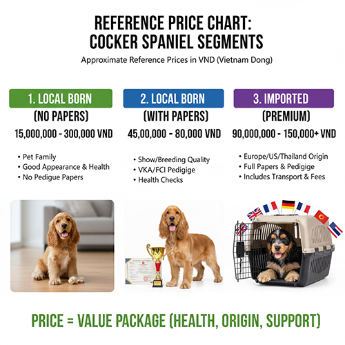 Bảng tham khảo giá chó Cocker Spaniel theo phân khúc sinh trong nước không giấy, có giấy và nhập khẩu