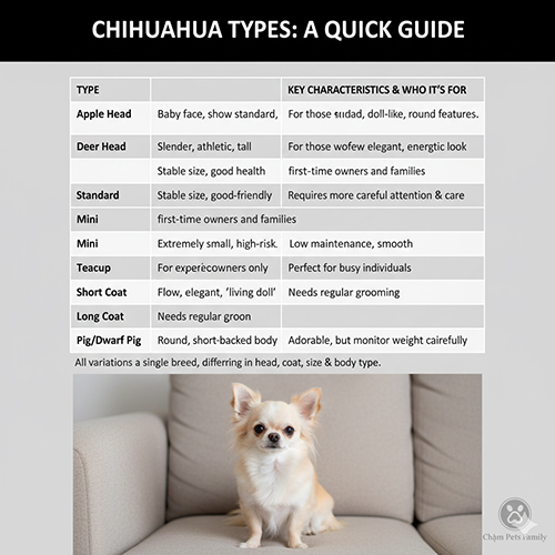 Hình ảnh bảng tóm tắt các loại Chihuahua cùng một bé Chihuahua lông dài ngồi trên ghế