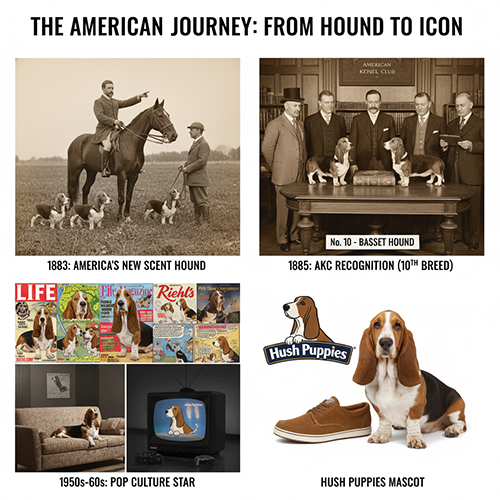 Ảnh minh họa hành trình Basset Hound sang Mỹ, được AKC công nhận và trở thành biểu tượng văn hóa đại chúng như linh vật Hush Puppies