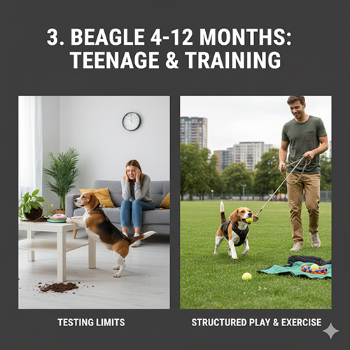 Chó Beagle 4–12 tháng tuổi thử giới hạn hành vi và được huấn luyện qua vận động có cấu trúc