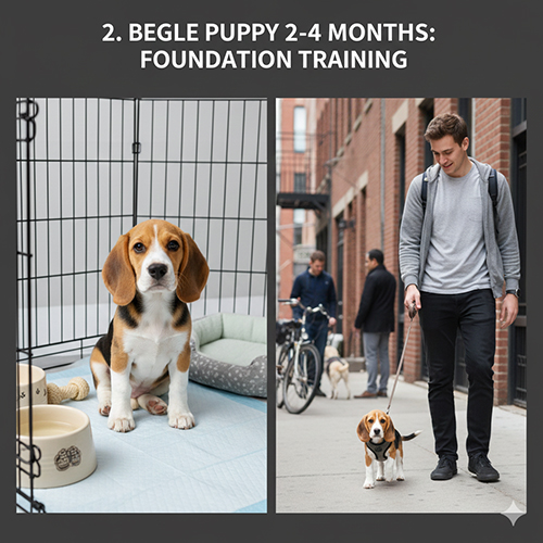 Chó Beagle con 2–4 tháng tuổi tập nền nếp sinh hoạt và làm quen dắt dây từ sớm